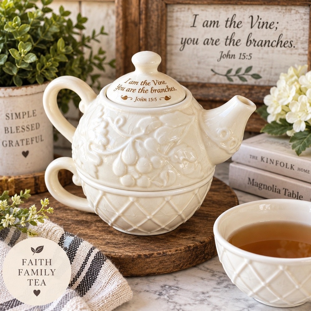 Parable Tea For One Set Cream Ceramic Grape Vine John 15:5 Scripture Teapot Cup
